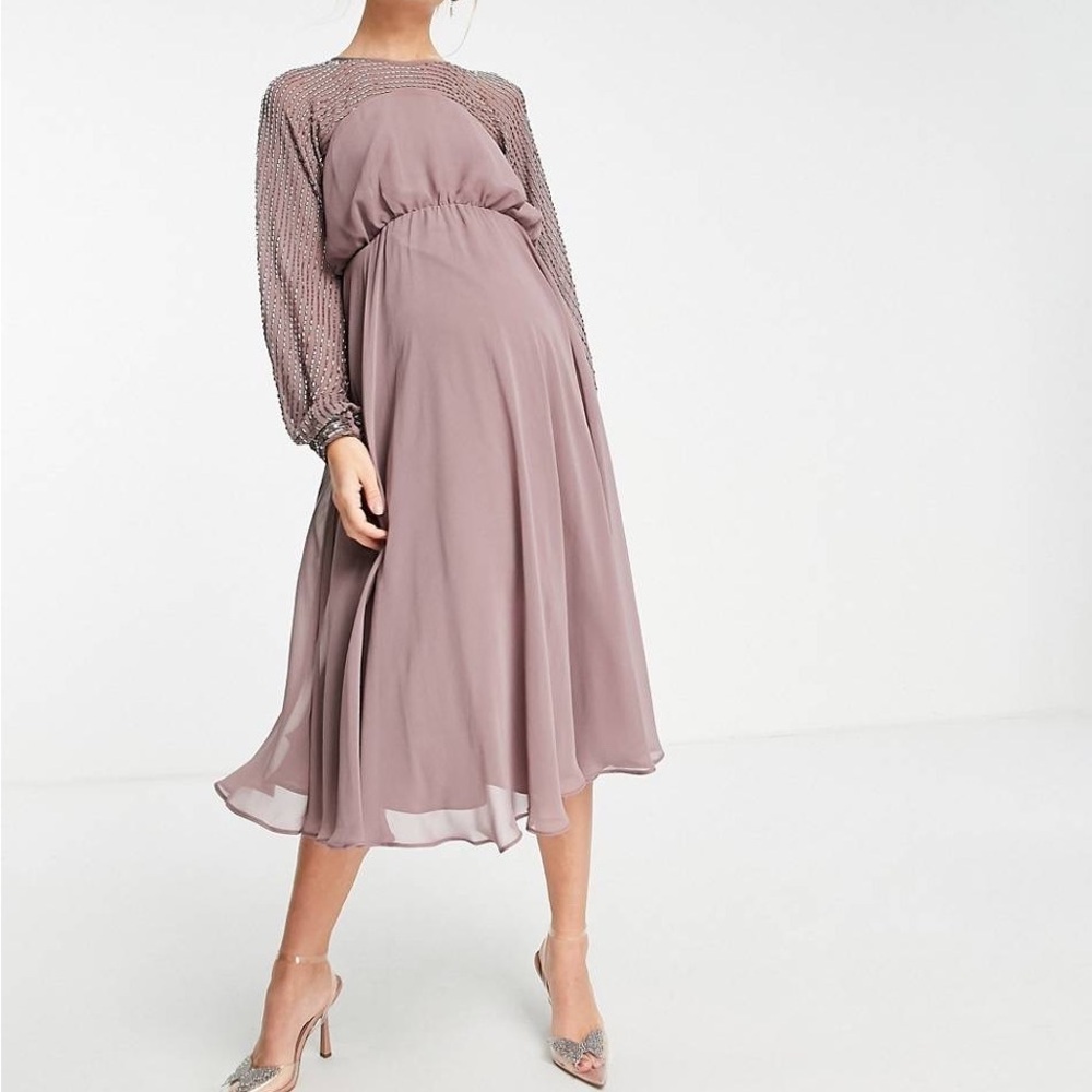 ASOS DESIGN Maternity midi dress with linear yoke embellishment in mauve